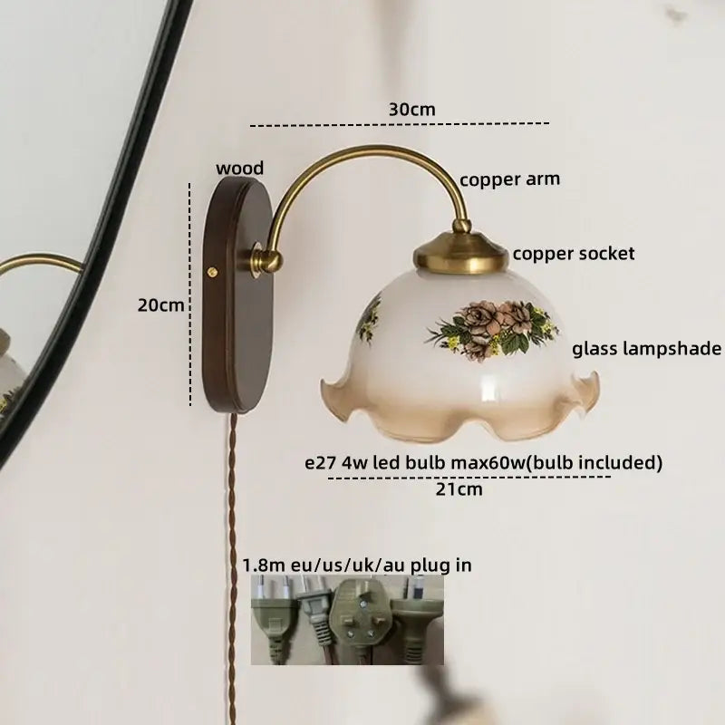 Antique brass floral frosted glass led wall lights bedroom sconce