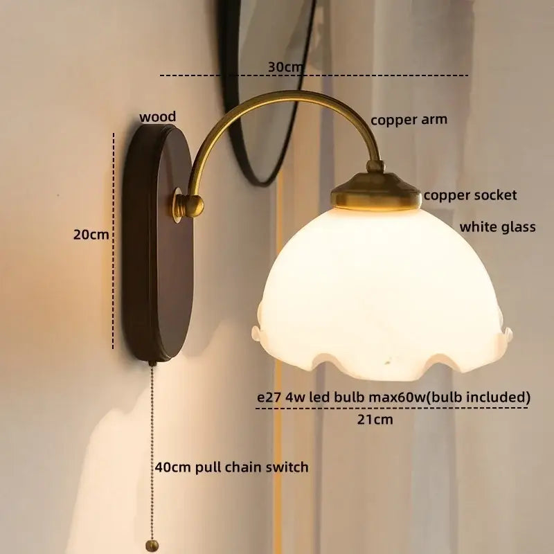 Antique brass floral frosted glass led wall lights bedroom sconce