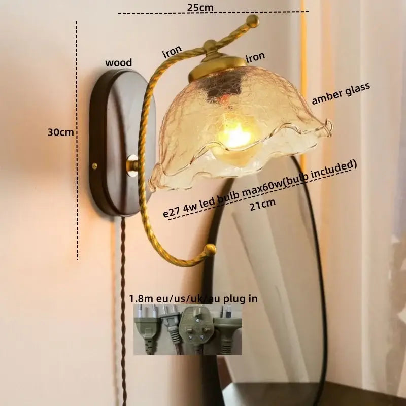 Antique brass floral frosted glass led wall lights bedroom sconce