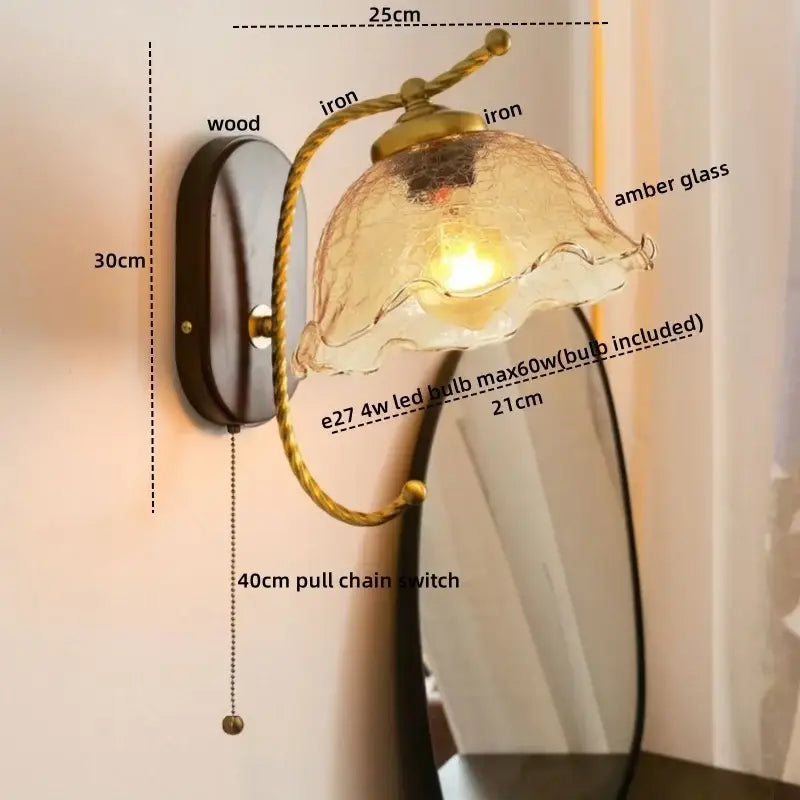 Antique brass floral frosted glass led wall lights bedroom sconce