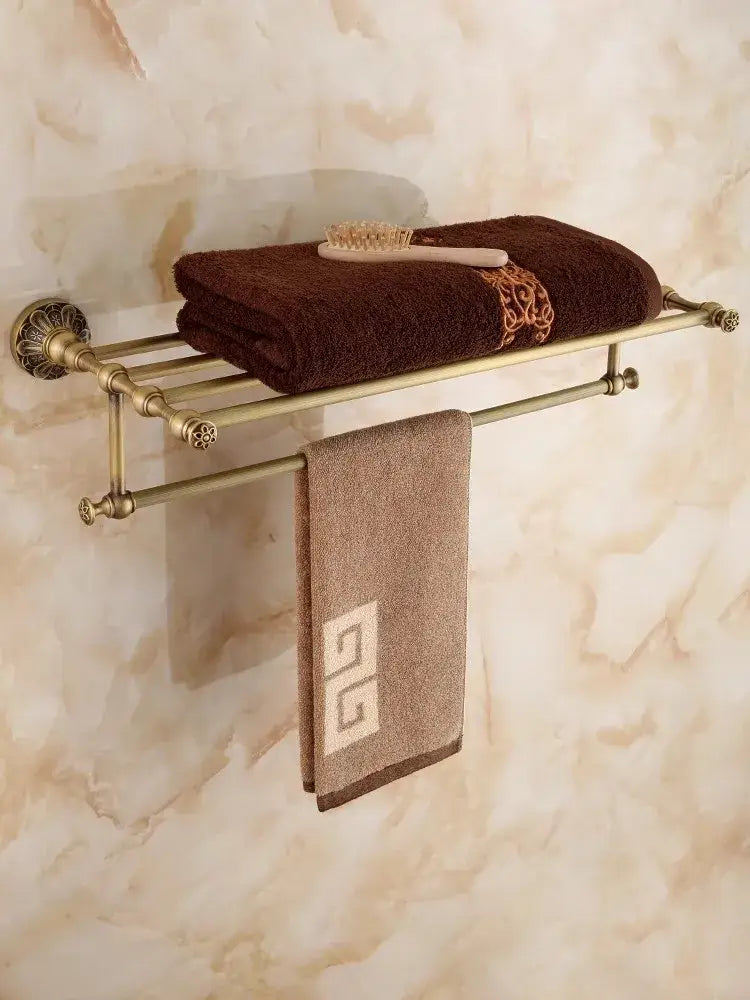 Antique brass floral hardware set bathroom double tier towel rack