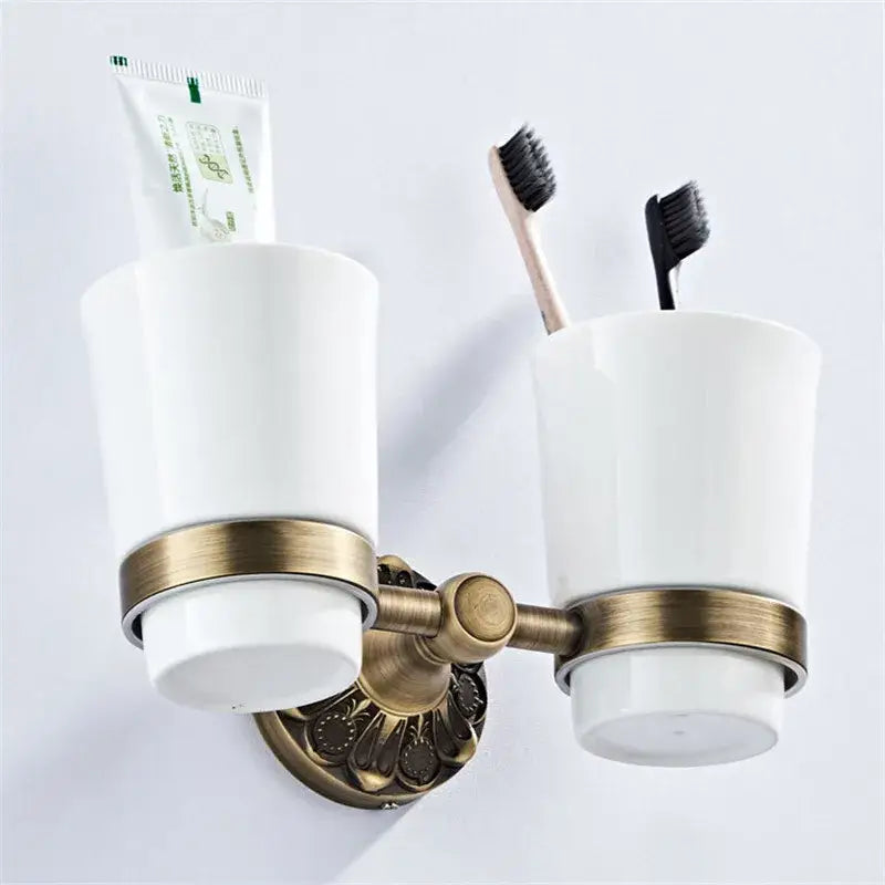 Antique brass floral hardware set bathroom double tier towel rack