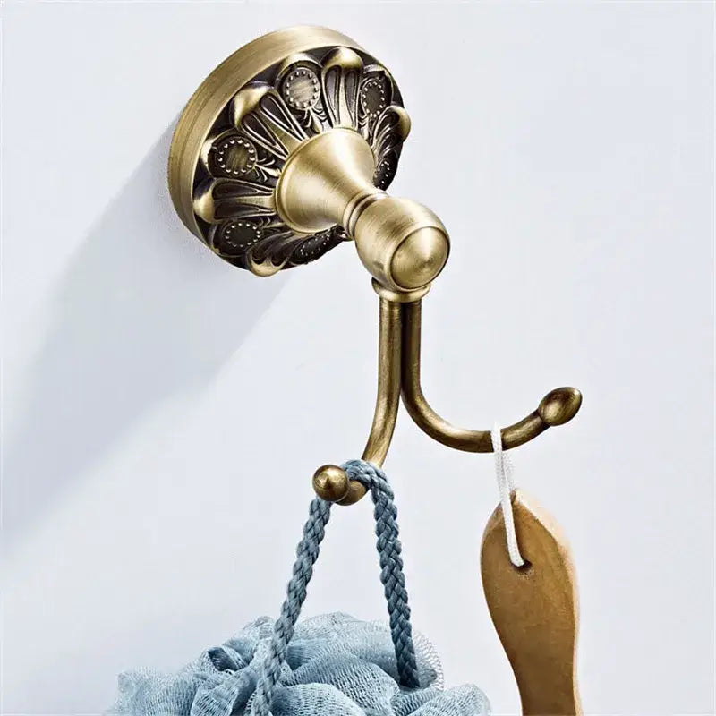 Antique brass floral hardware set bathroom double tier towel rack