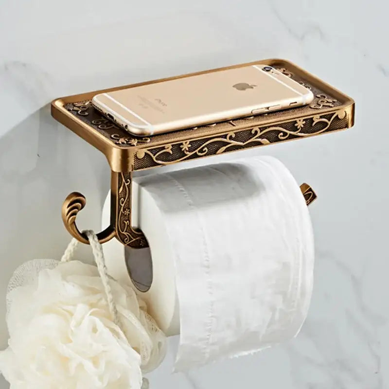 Antique brass floral toilet paper holder with phone rack bathroom