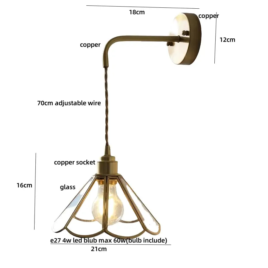 Antique brass flower glass led wall light bedroom sconce with pull chain