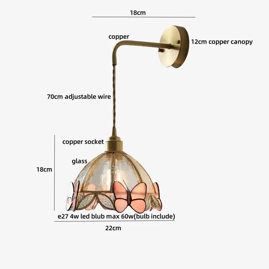 Antique brass flower glass led wall light bedroom sconce with pull chain