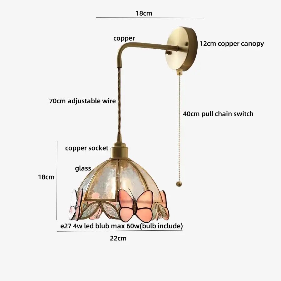 Antique brass flower glass led wall light bedroom sconce with pull chain