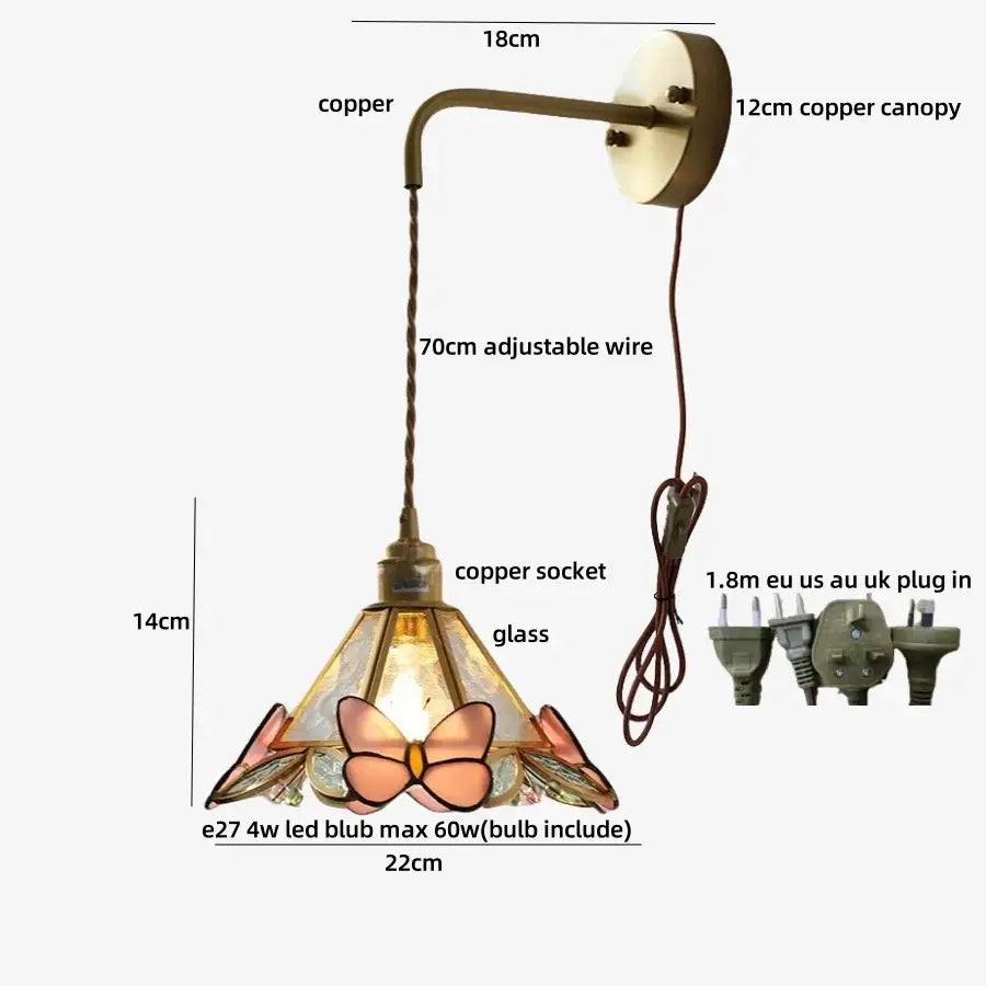 Antique brass flower glass led wall light bedroom sconce with pull chain