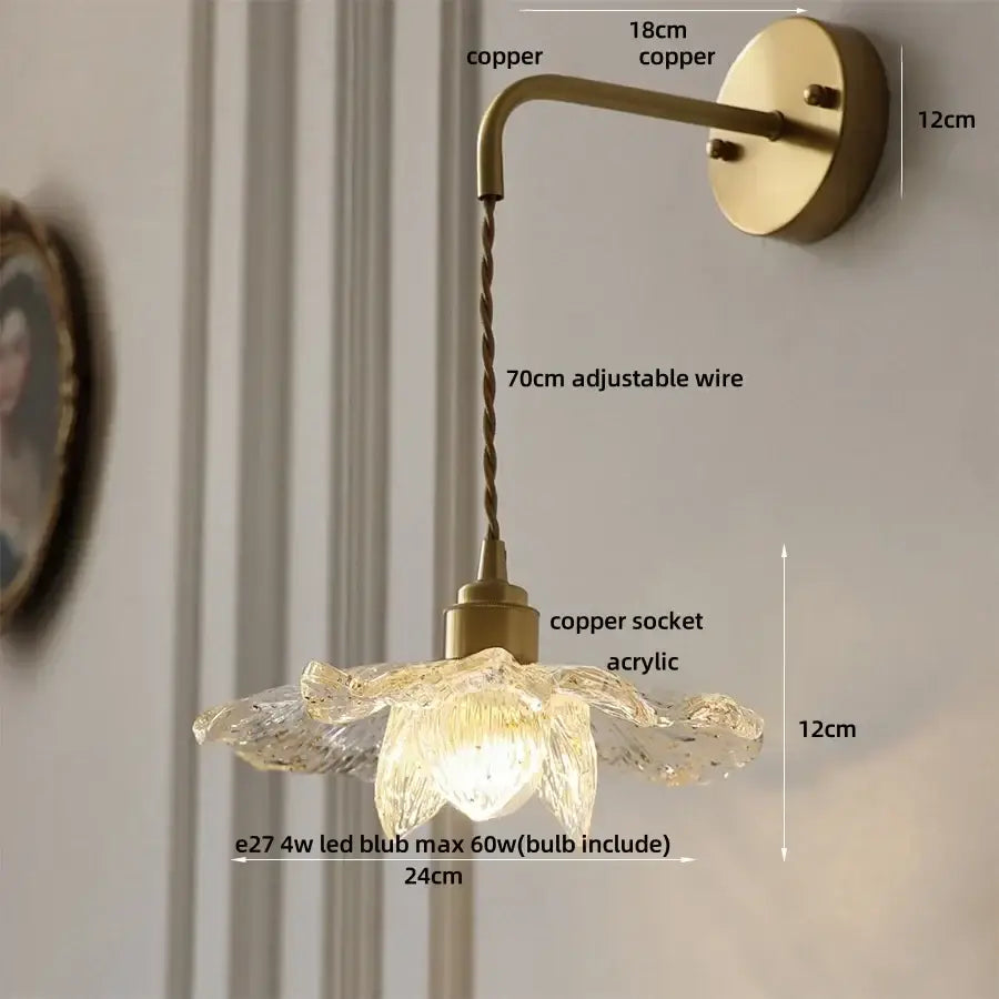 Antique brass flower glass led wall light bedroom sconce with pull chain