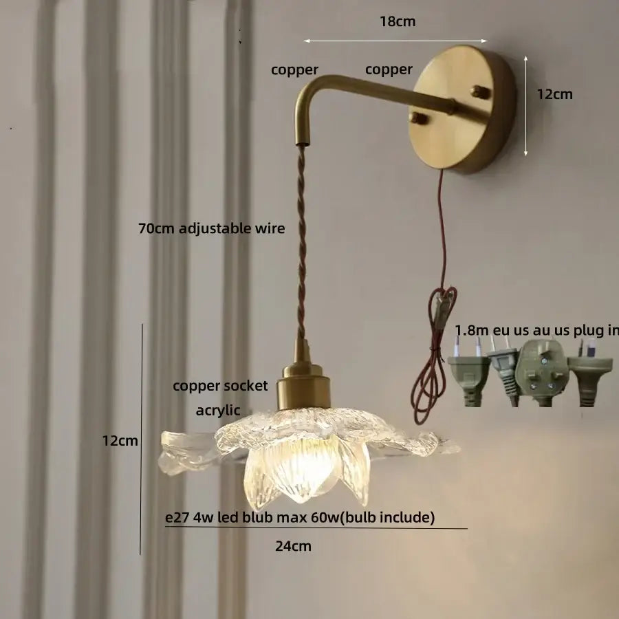 Antique brass flower glass led wall light bedroom sconce with pull chain