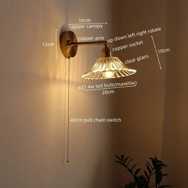 Antique brass flower glass sconce led wall lamp for bedroom