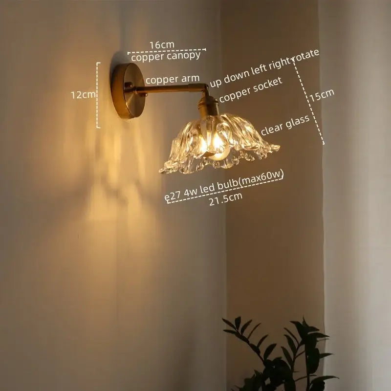 Antique brass flower glass sconce led wall lamp for bedroom