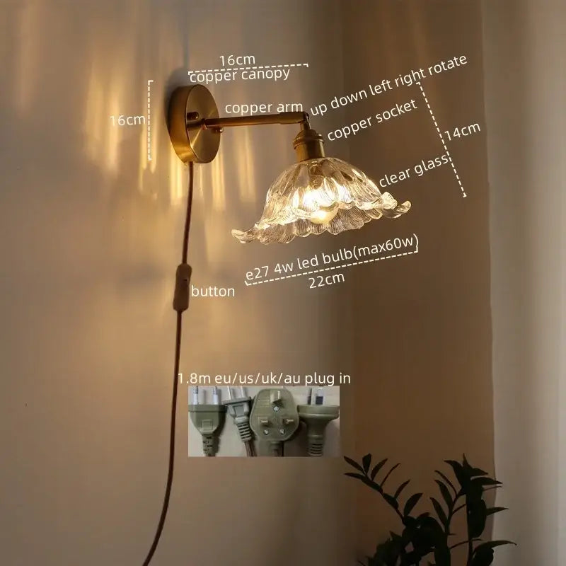 Antique brass flower glass sconce led wall lamp for bedroom