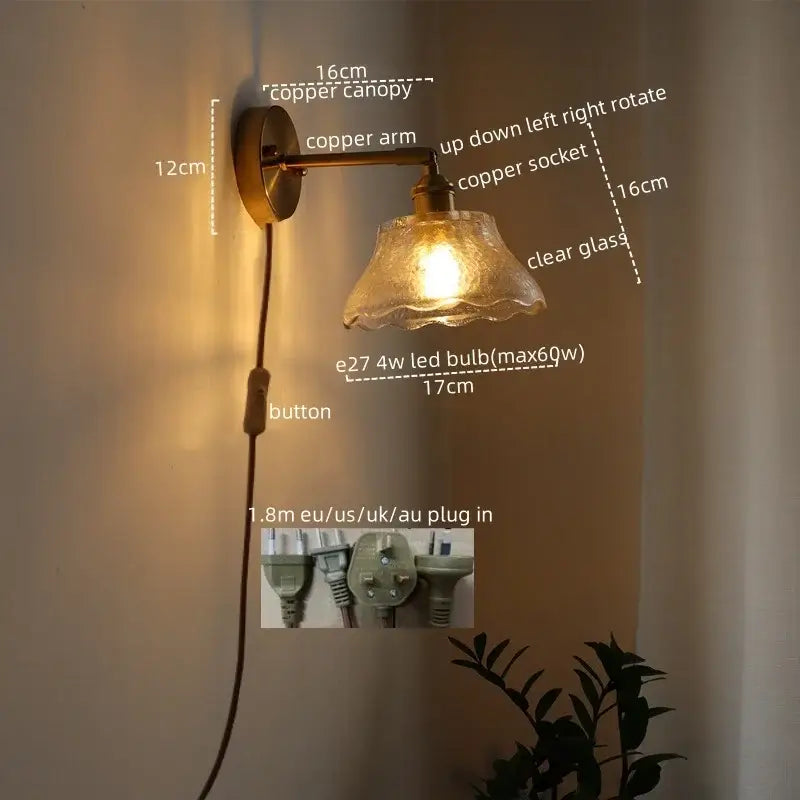 Antique brass flower glass sconce led wall lamp for bedroom