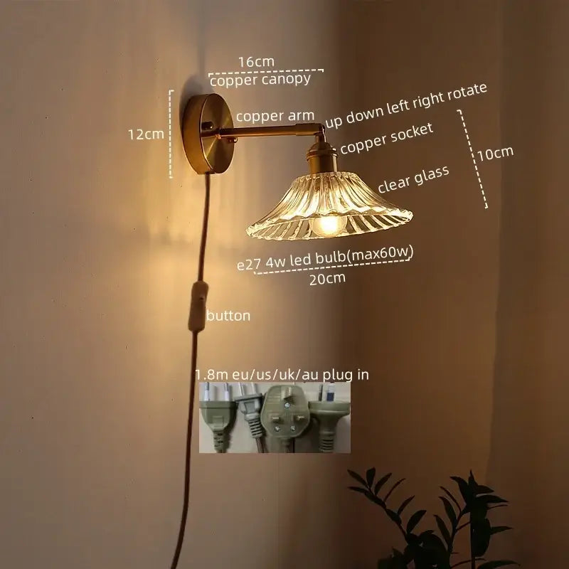 Antique brass flower glass sconce led wall lamp for bedroom