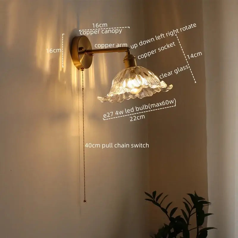 Antique brass flower glass sconce led wall lamp for bedroom
