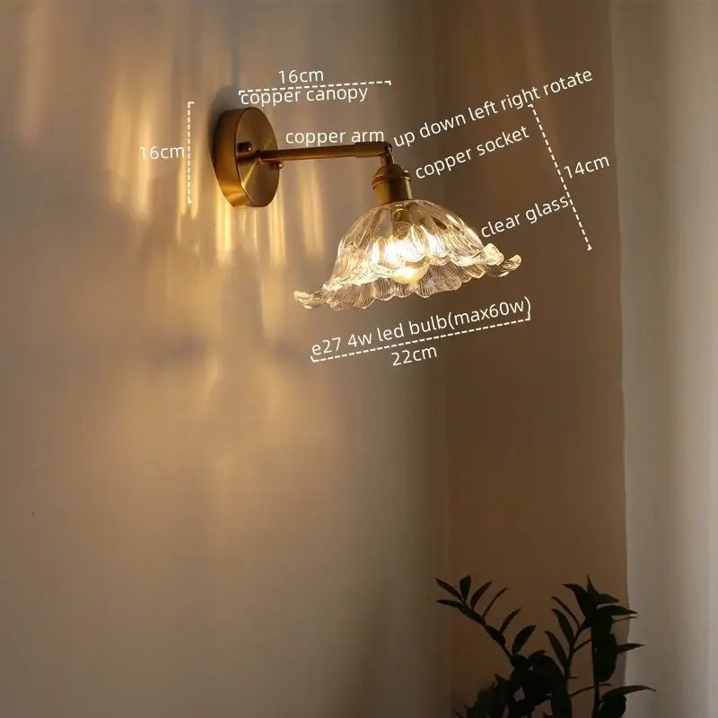 Antique brass flower glass sconce led wall lamp for bedroom