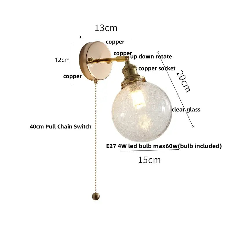 Antique brass glass rotate copper led wall sconce bedroom lamp