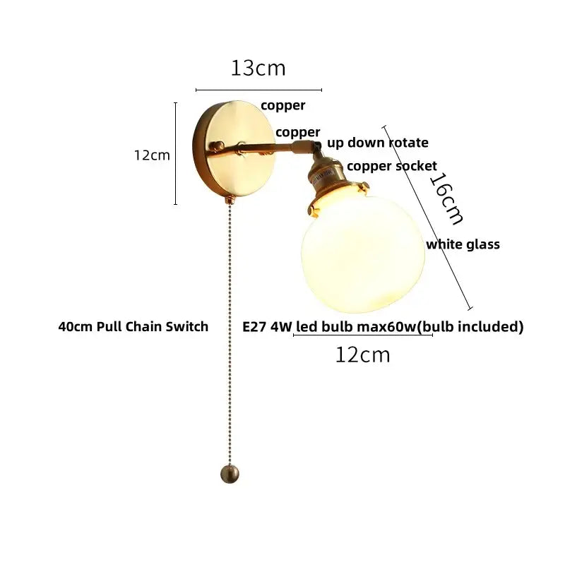 Antique brass glass rotate copper led wall sconce bedroom lamp
