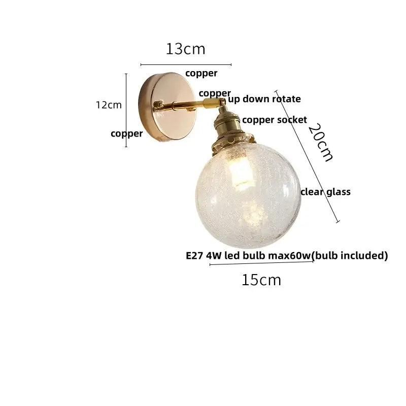 Antique brass glass rotate copper led wall sconce bedroom lamp