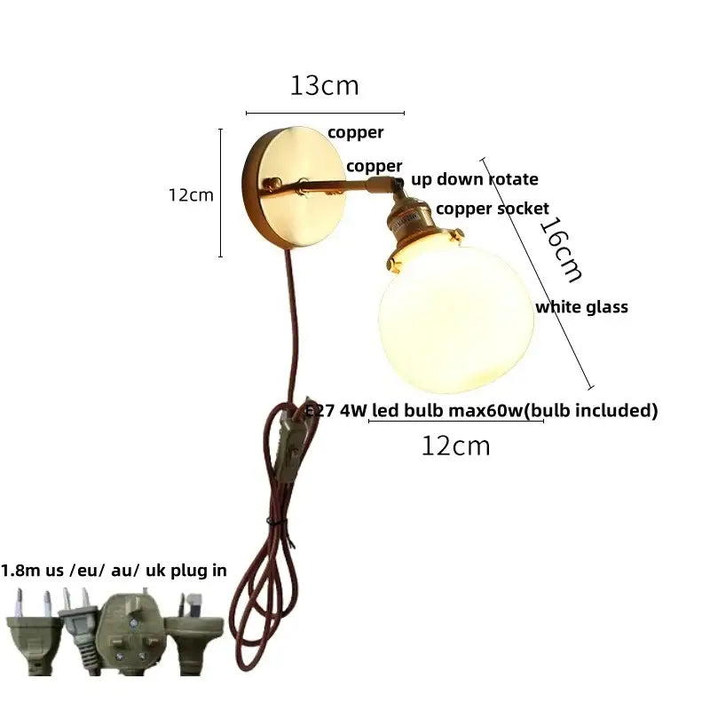 Antique brass glass rotate copper led wall sconce bedroom lamp