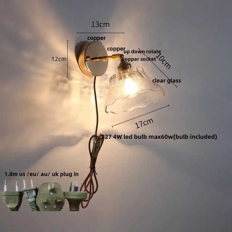 Antique brass glass rotate copper wall sconce bedroom pull chain light