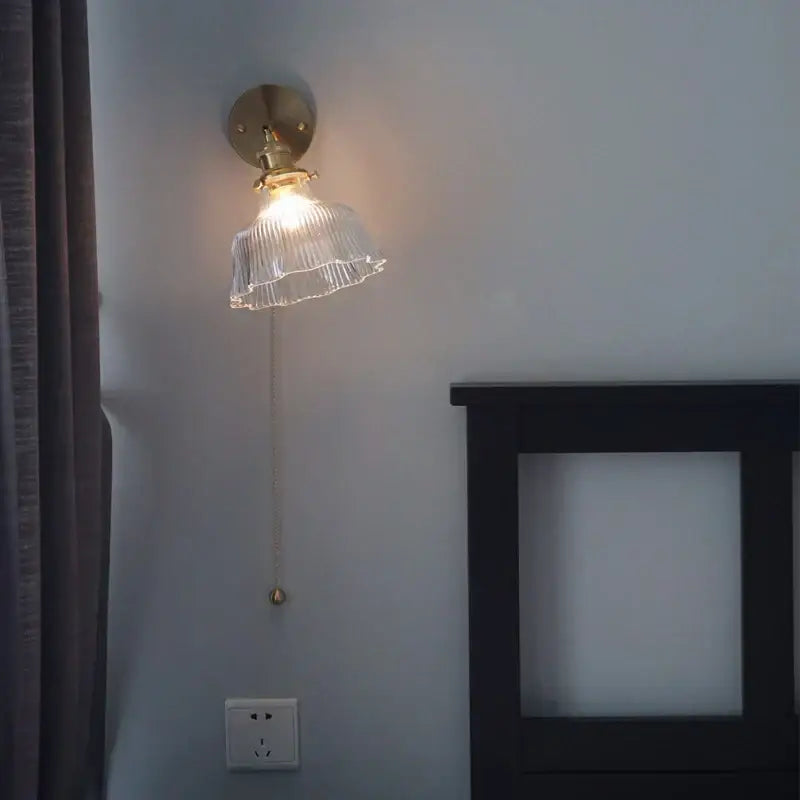 Antique brass glass rotate copper wall sconce bedroom pull chain light