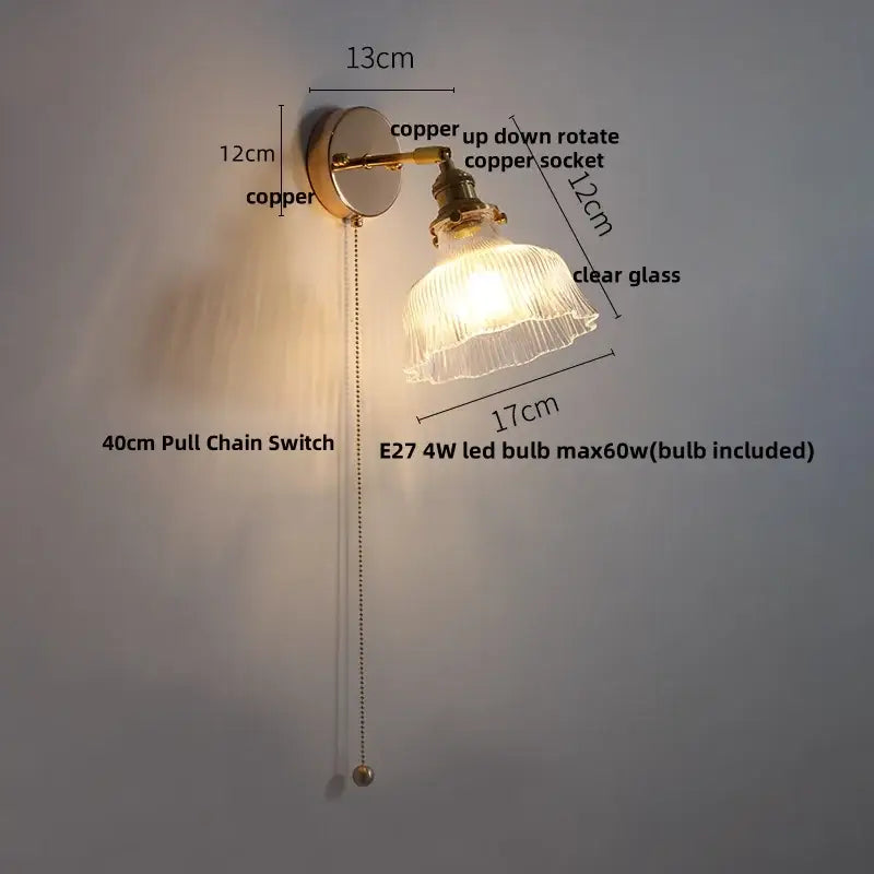 Antique brass glass rotate copper wall sconce bedroom pull chain light