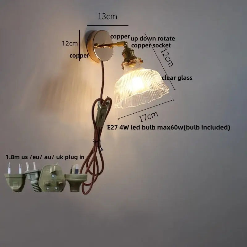 Antique brass glass rotate copper wall sconce bedroom pull chain light