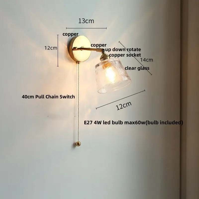 Antique brass glass rotate copper wall sconce bedroom pull chain light