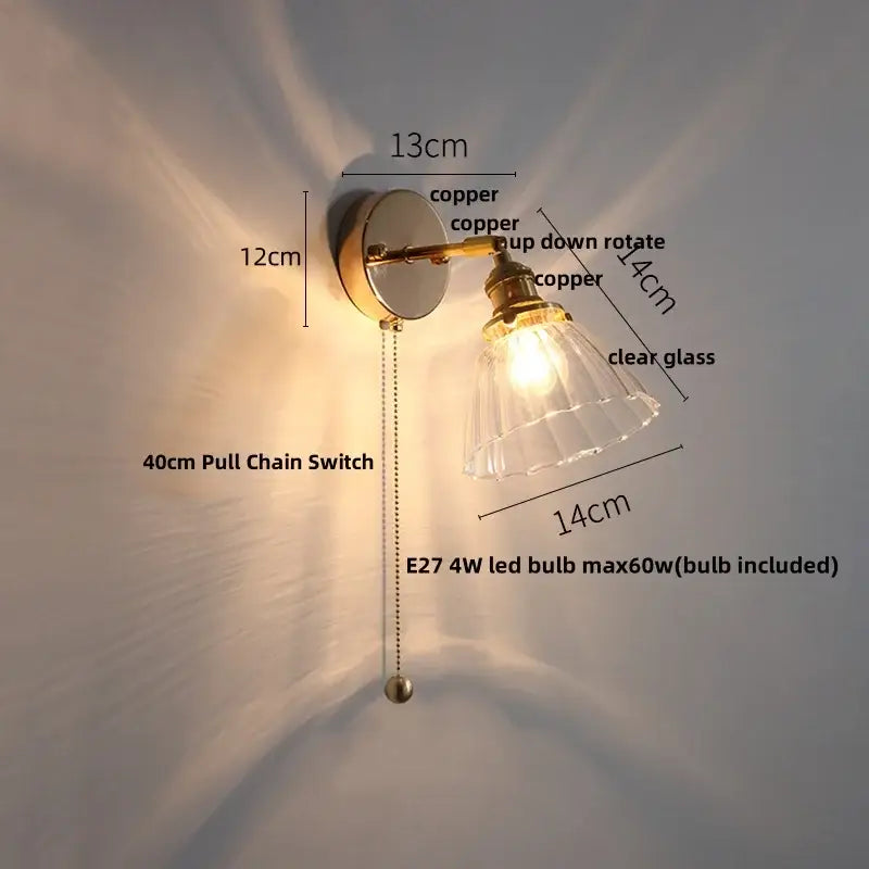 Antique brass glass rotate copper wall sconce bedroom pull chain light