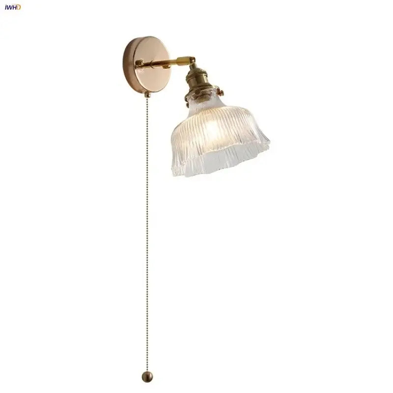 Antique brass glass rotate copper wall sconce bedroom pull chain light