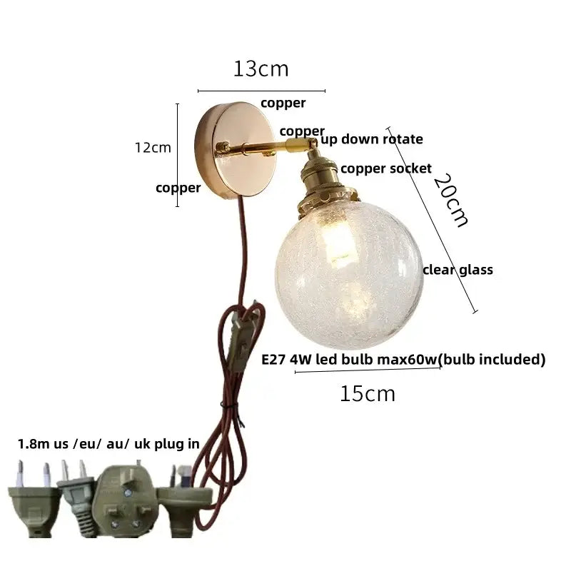 Antique brass glass rotate copper wall sconce bedroom pull chain light