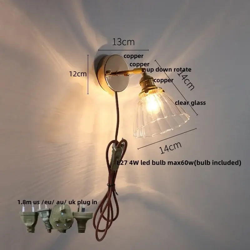 Antique brass glass rotate copper wall sconce bedroom pull chain light
