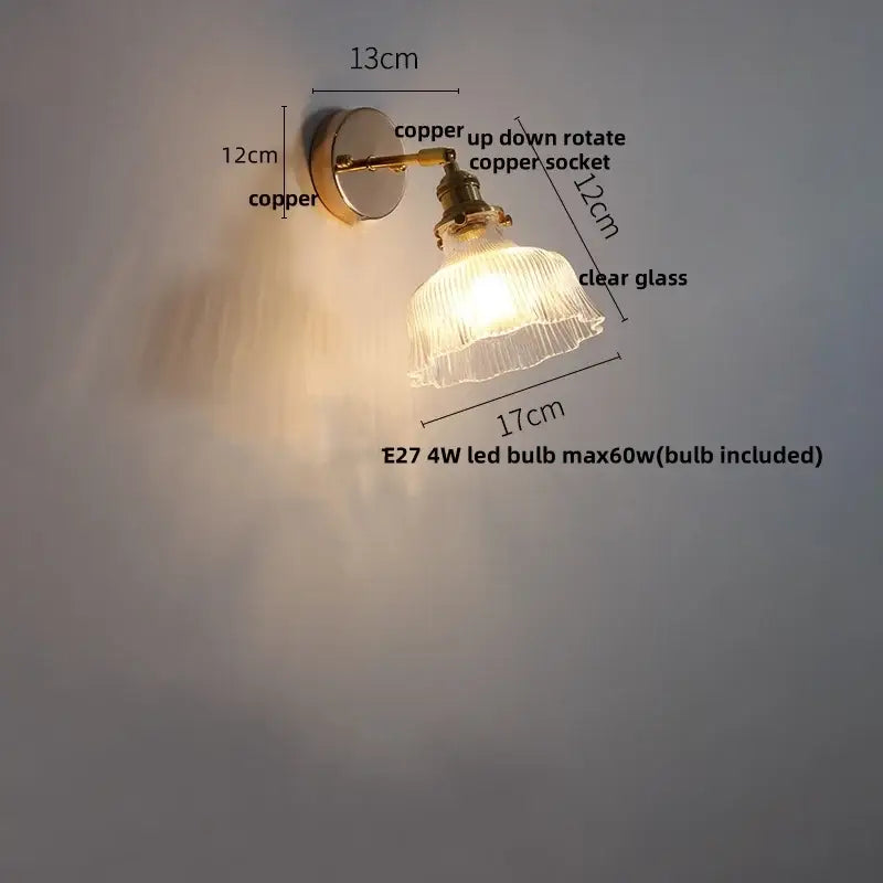 Antique brass glass rotate copper wall sconce bedroom pull chain light