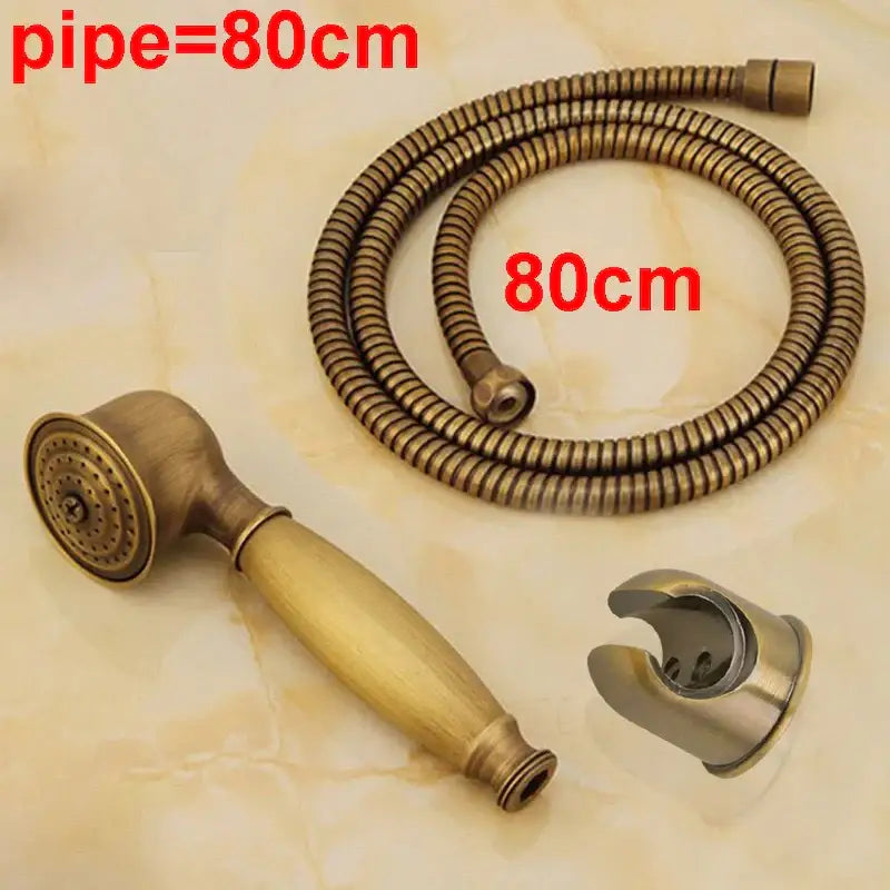 Antique brass hand shower set with wood grip – bathroom shower head