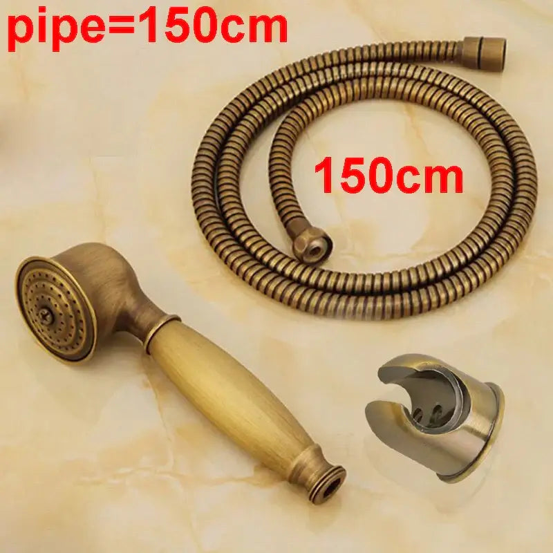 Antique brass hand shower set with wood grip – bathroom shower head