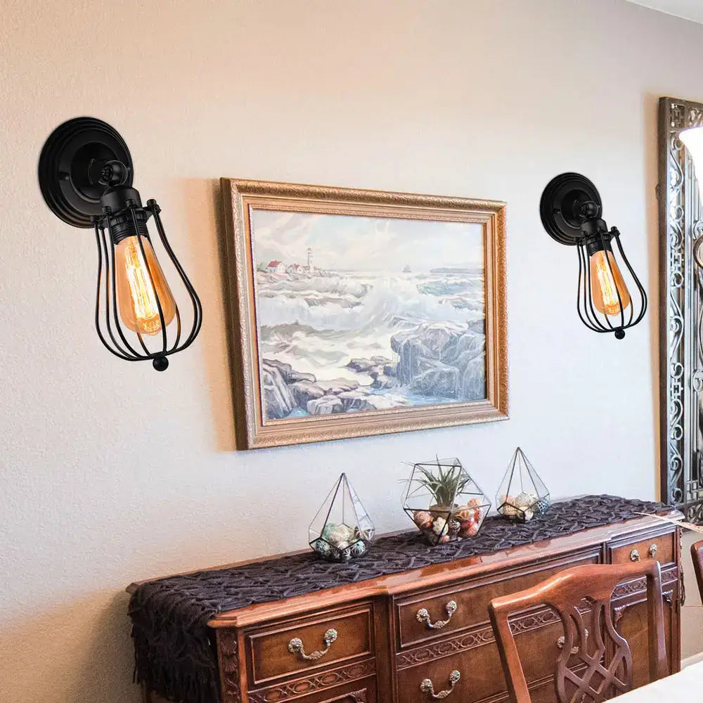 Antique brass industrial wall lamp bedroom wire cage sconce