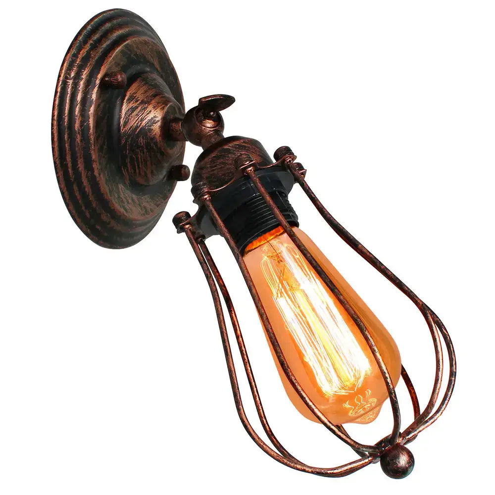 Antique brass industrial wall lamp bedroom wire cage sconce