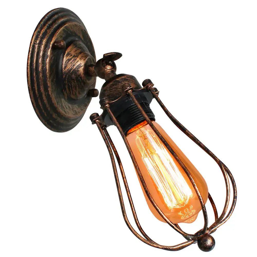 Antique brass industrial wall lamp bedroom wire cage sconce