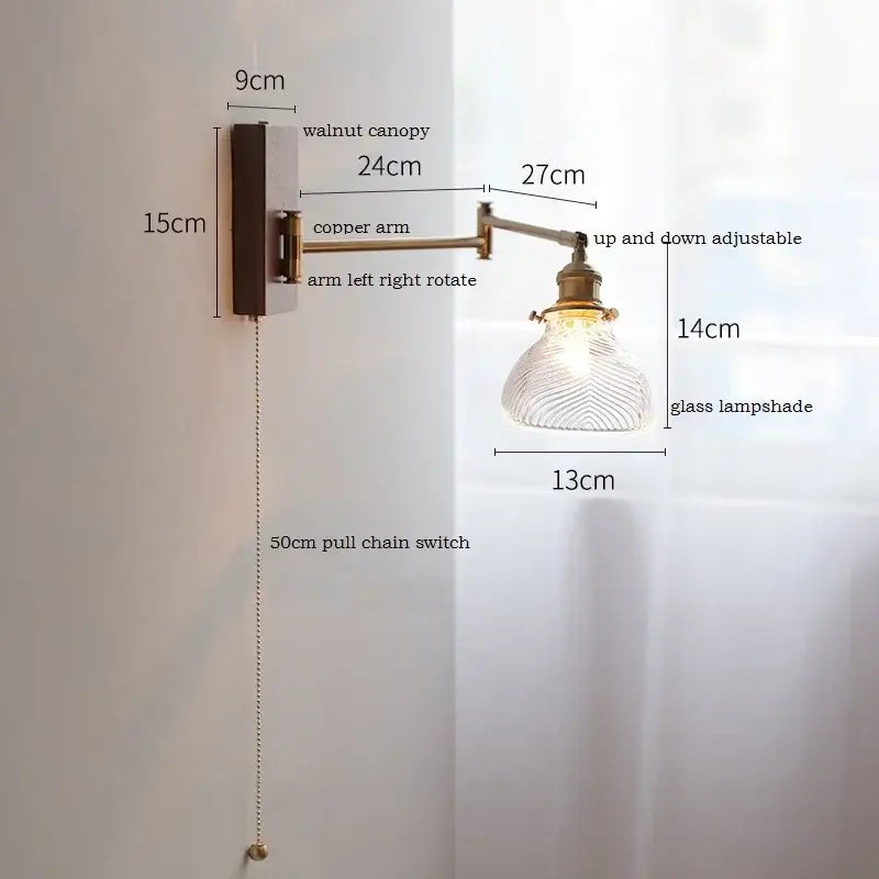 Antique brass industrial wall light with clear glass for bedroom