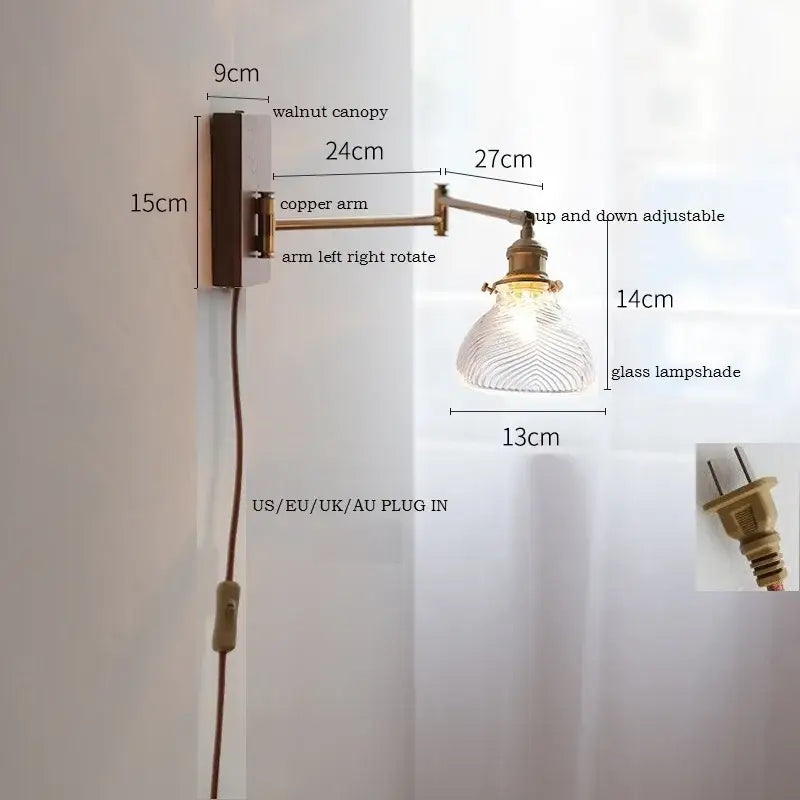 Antique brass industrial wall light with clear glass for bedroom