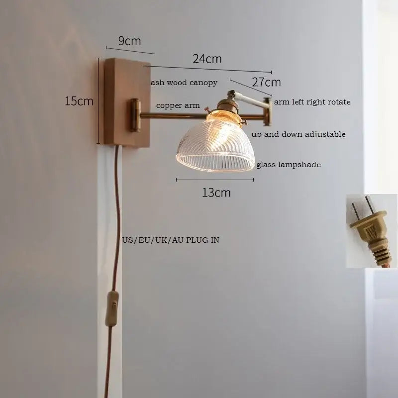 Antique brass industrial wall light with clear glass for bedroom