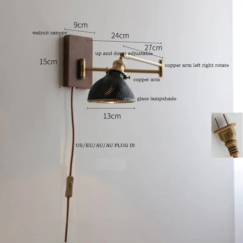 Antique brass industrial wall light with clear glass for bedroom