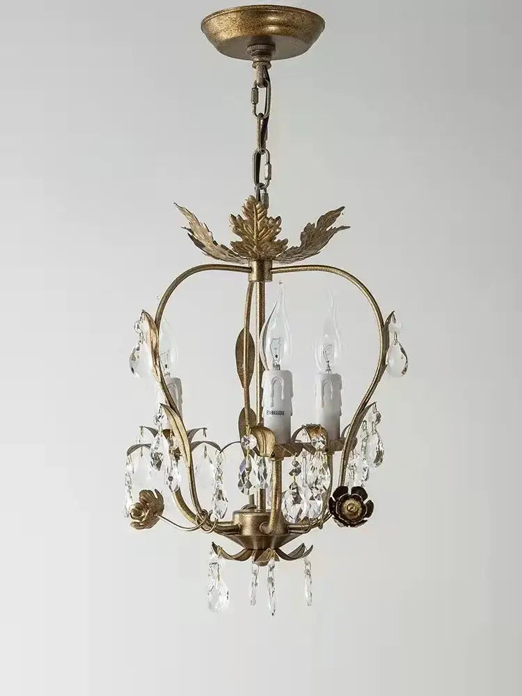 Antique brass iron crystal chandelier bedroom leaf pendant light