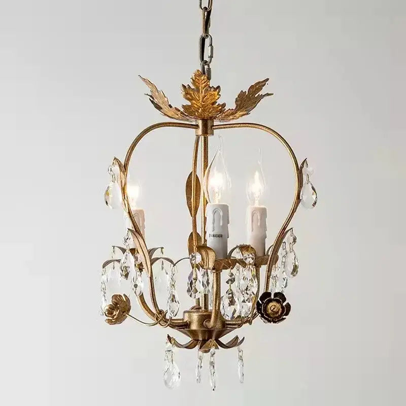 Antique brass iron crystal chandelier with leaf details bedroom light