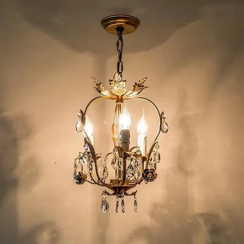Antique brass iron crystal chandelier with leaf details bedroom light