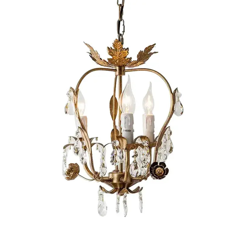Antique brass iron crystal chandelier with leaf details bedroom light