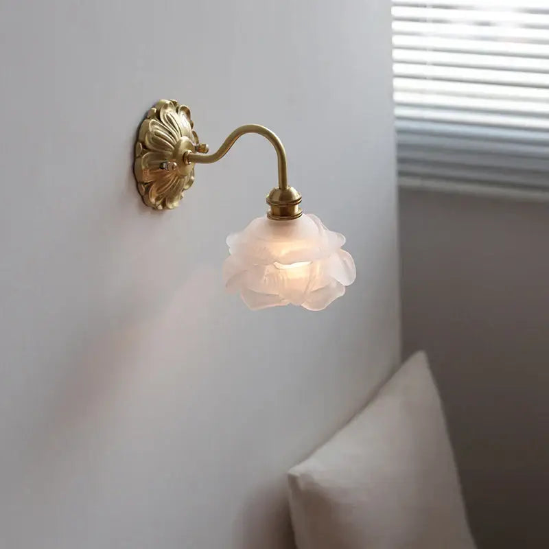 Antique brass pink rose frosted glass wall lamp bedroom sconce