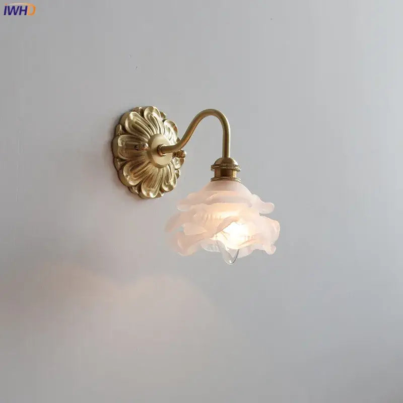 Antique brass pink rose frosted glass wall lamp bedroom sconce